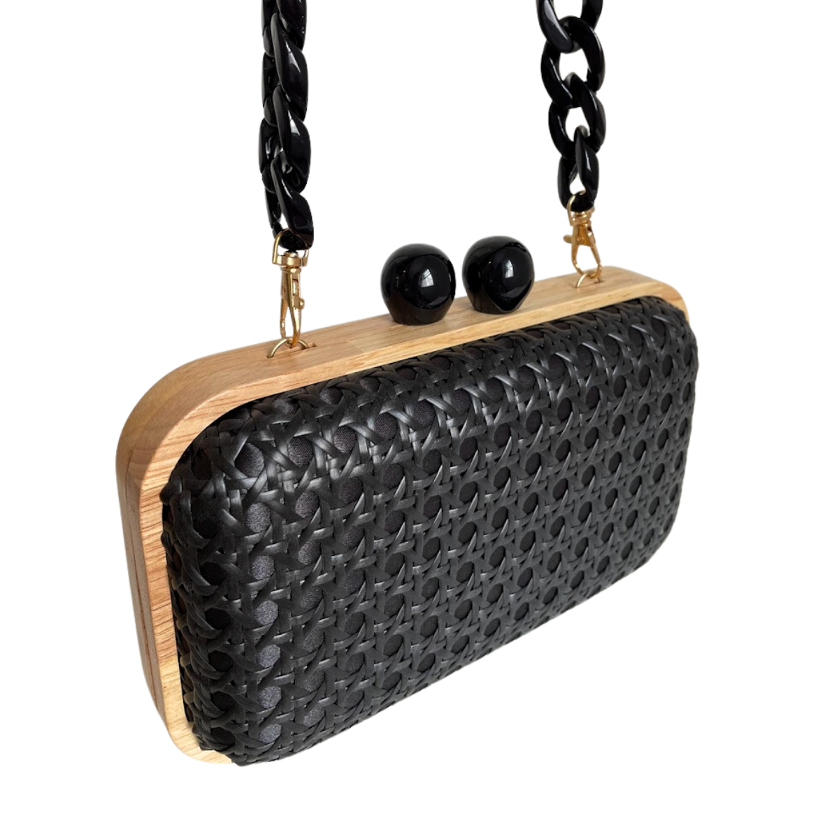 Bolsa de Festa Clutch Madeira e Palha da Índia Preta
