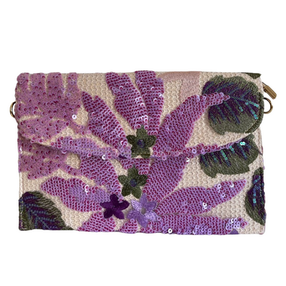 Bolsa Carteira Envelope de Bordada Paetê Floral Lilás