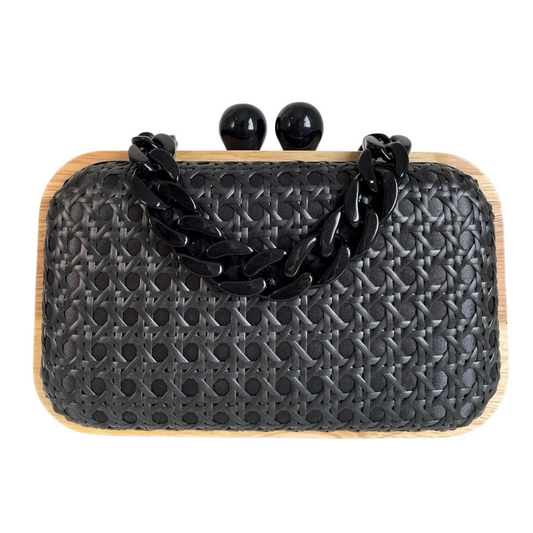 Bolsa de Festa Clutch Madeira e Palha da Índia Preta