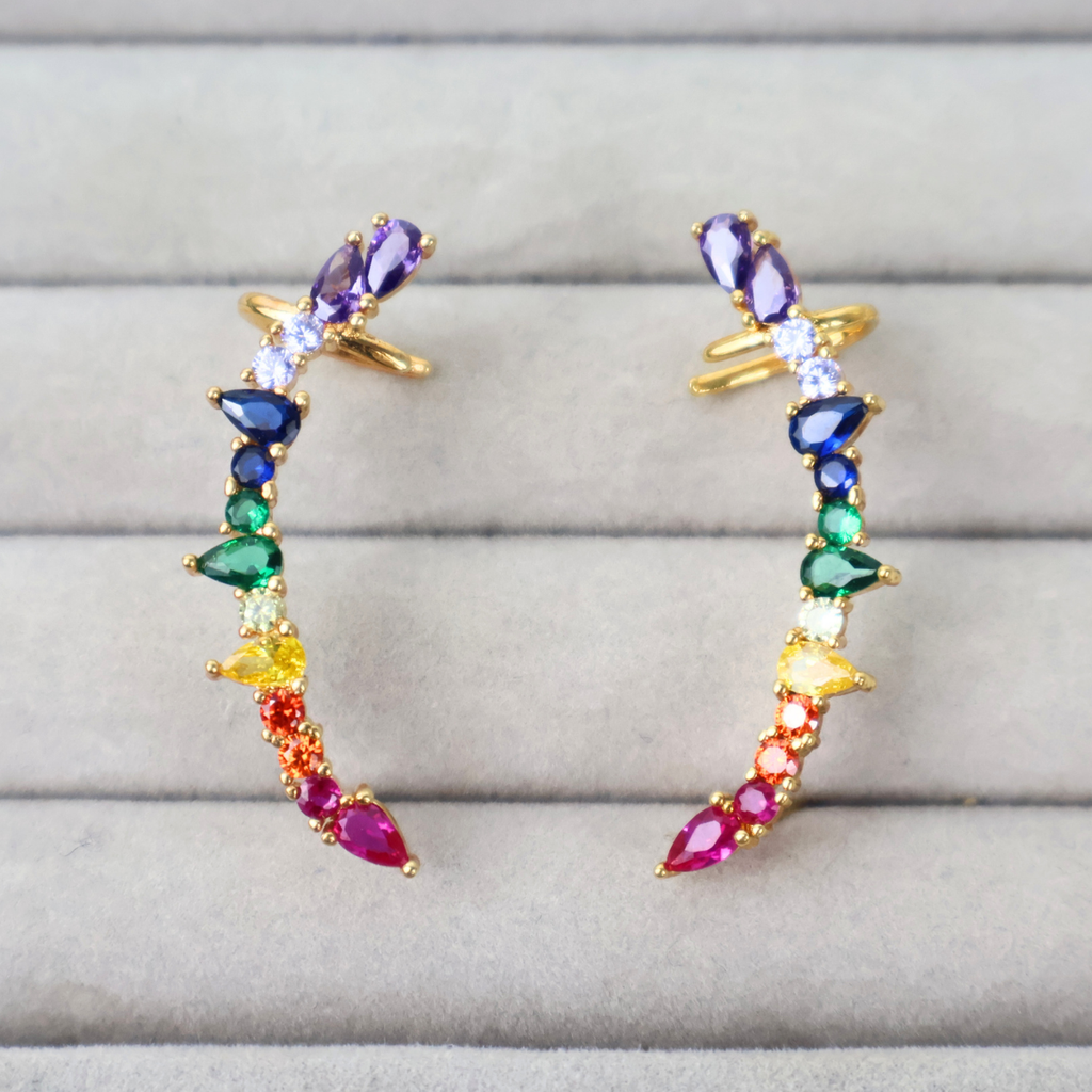 Brinco Earcuff Dourado e Cristal Colorido - Semijoia