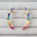 Brinco Earcuff Dourado e Cristal Colorido - Semijoia