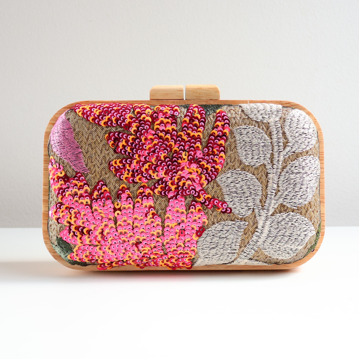 Bolsa Clutch Festa Palha Madeira Bordada Bege Laranja Rosa
