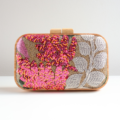 Bolsa Clutch Festa Palha Madeira Bordada Bege Laranja Rosa