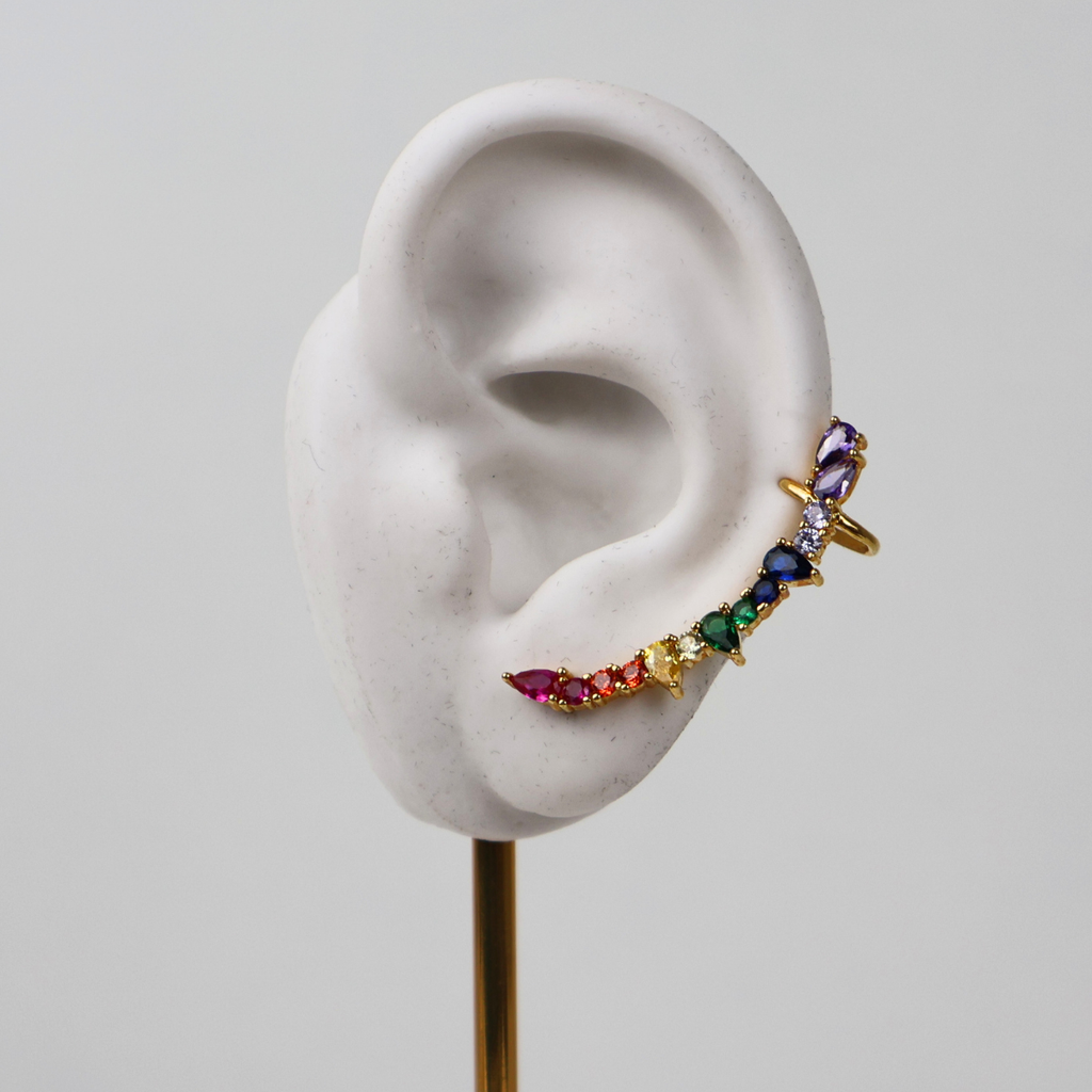 Brinco Earcuff Dourado e Cristal Colorido - Semijoia