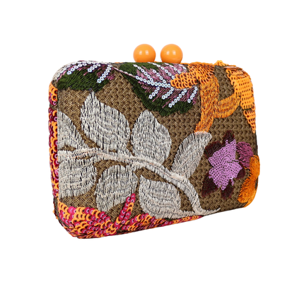 Bolsa Clutch Festa Lantejoulas Flores Laranja
