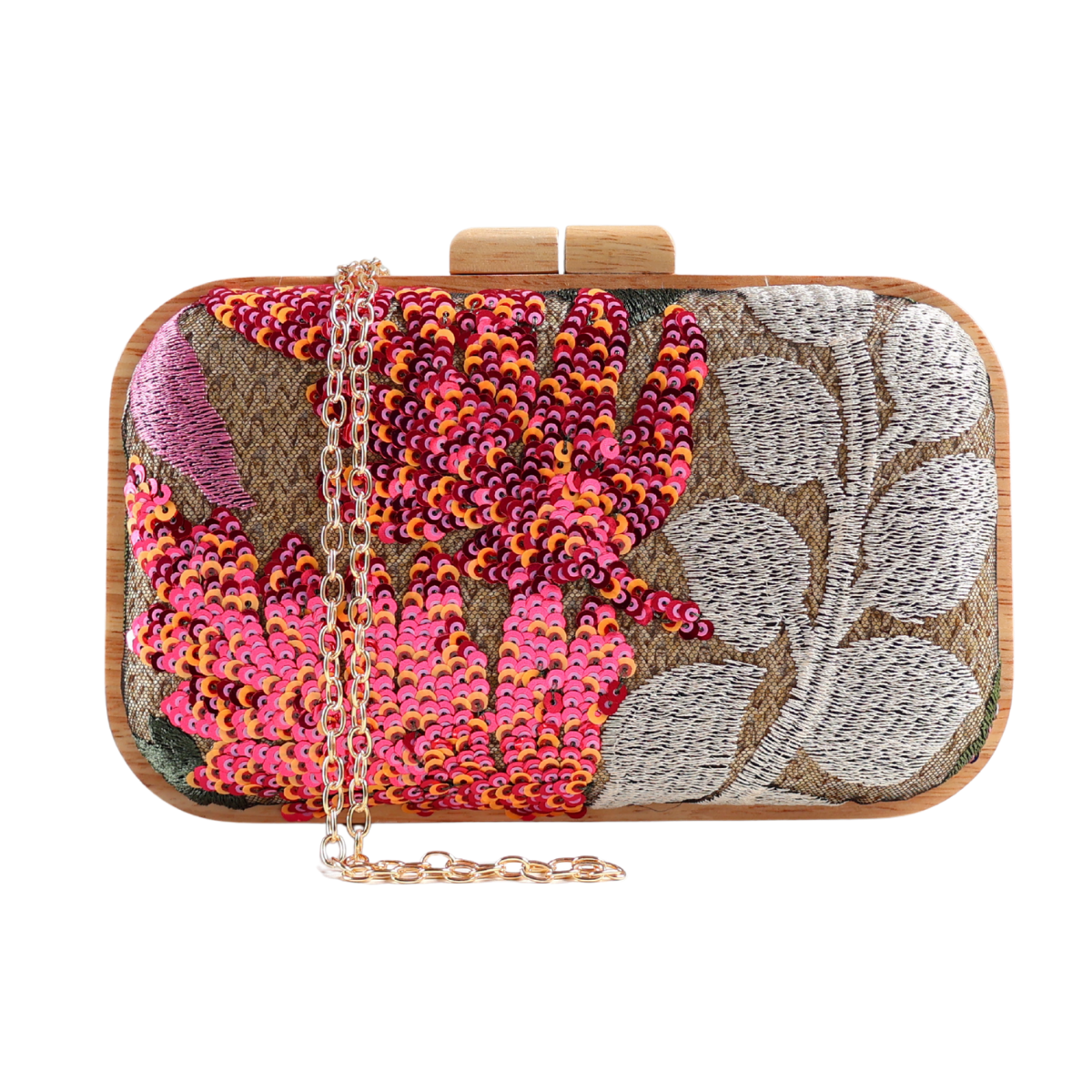 Bolsa Clutch Festa Palha Madeira Bordada Bege Laranja Rosa