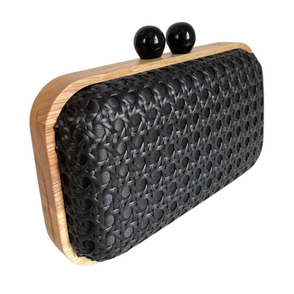 Bolsa de Festa Clutch Madeira e Palha da Índia Preta