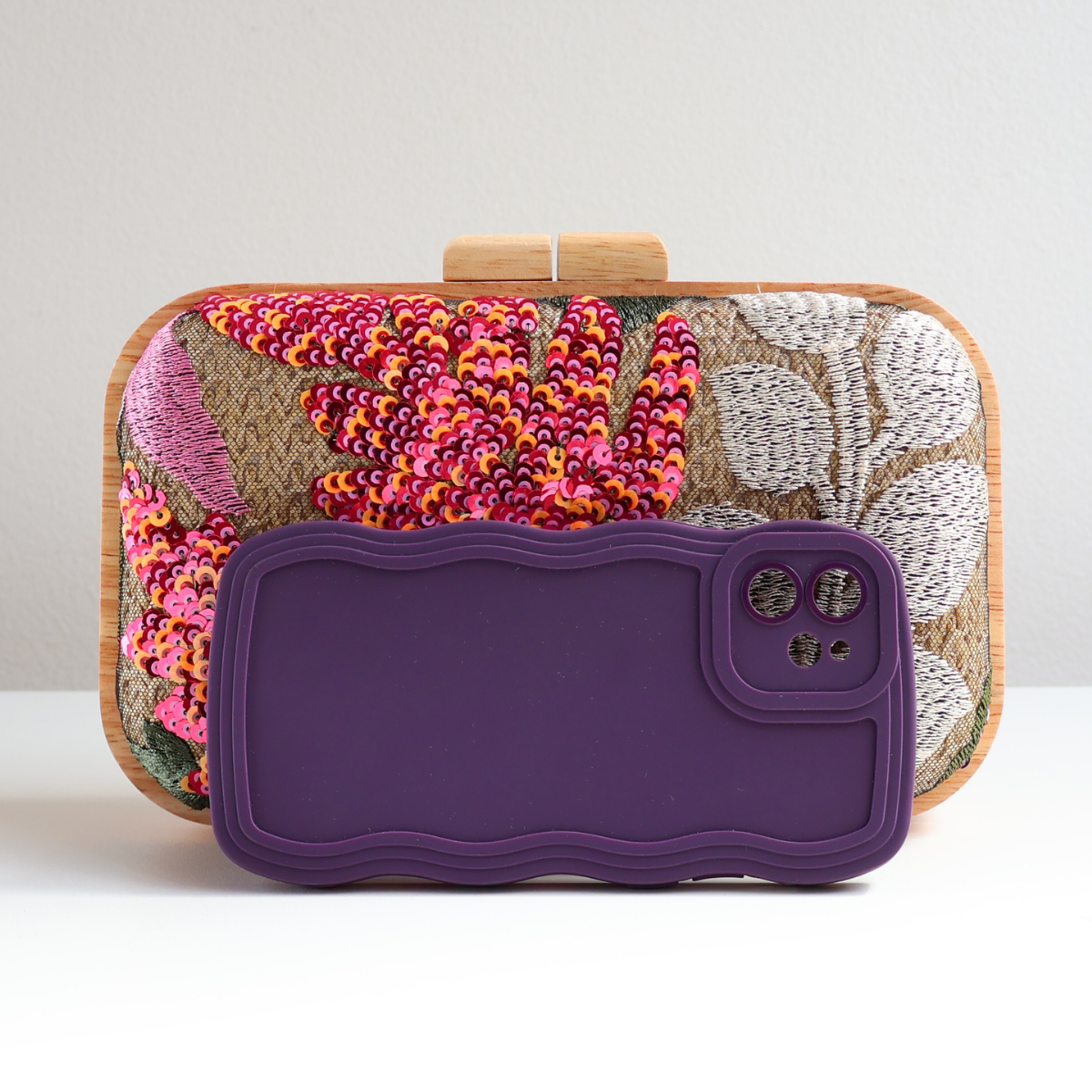 Bolsa Clutch Festa Palha Madeira Bordada Bege Laranja Rosa