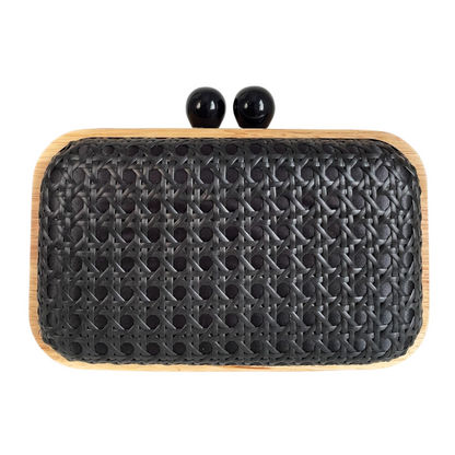 Bolsa de Festa Clutch Madeira e Palha da Índia Preta