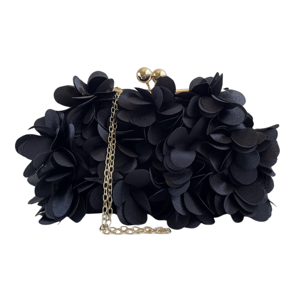 Bolsa Festa Clutch Flores Preta Ferragem Dourada