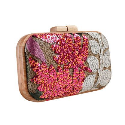 Bolsa Clutch Festa Palha Madeira Bordada Bege Laranja Rosa