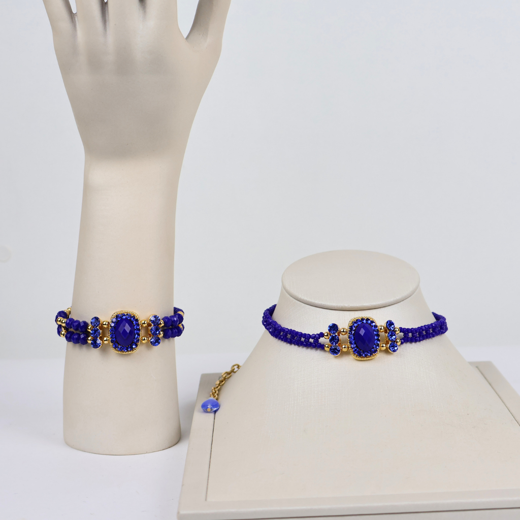 Kit Colar Choker Gargantilha e Bracelete Azul