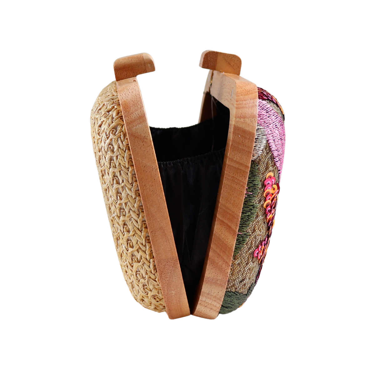 Bolsa Clutch Festa Palha Madeira Bordada Bege Laranja Rosa