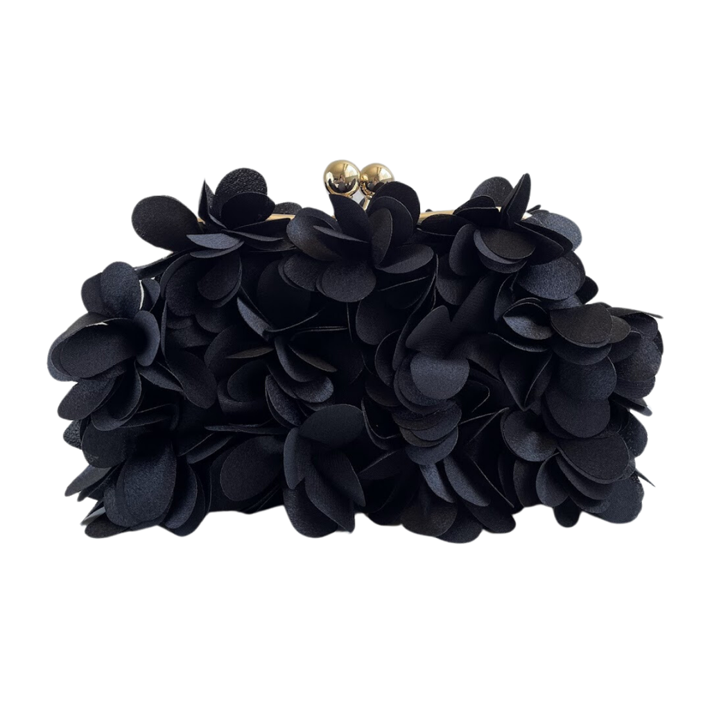 Bolsa Festa Clutch Flores Preta Ferragem Dourada