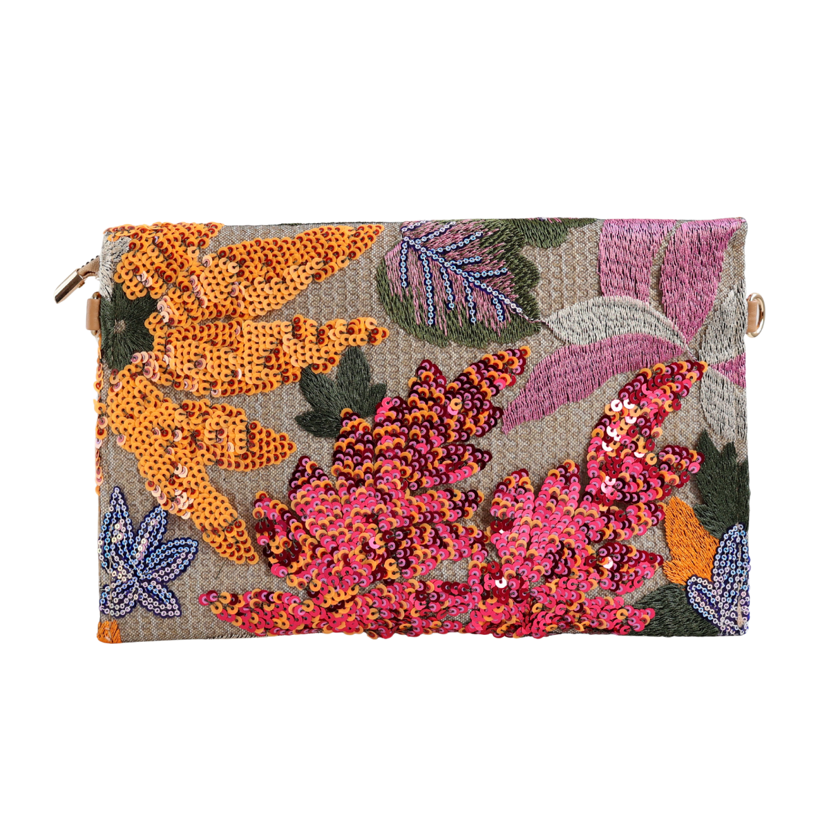 Bolsa Carteira Envelope de Bordada Paetê Floral Laranja