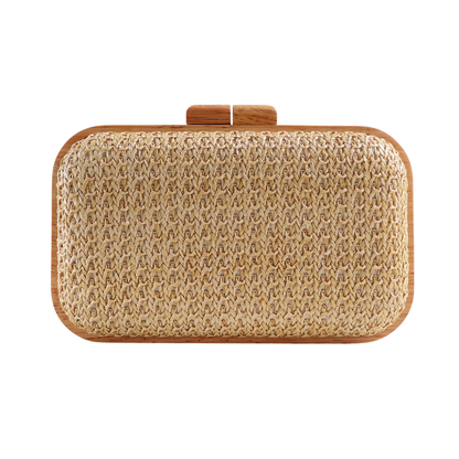 Bolsa Clutch Festa Palha Madeira Bordada Bege Laranja Rosa