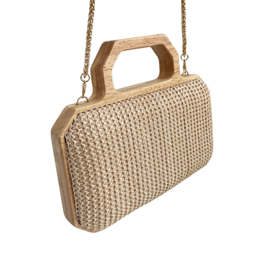 Bolsa de Festa Clutch Madeira e Palha Bege