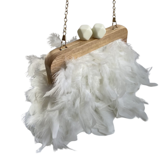 Bolsa de Festa Clutch Madeira e Plumas Sintéticas Branca