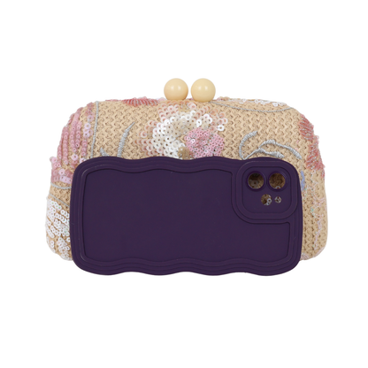 Bolsa Clutch Festa Bordada Flores Bege e Rosa Bebê