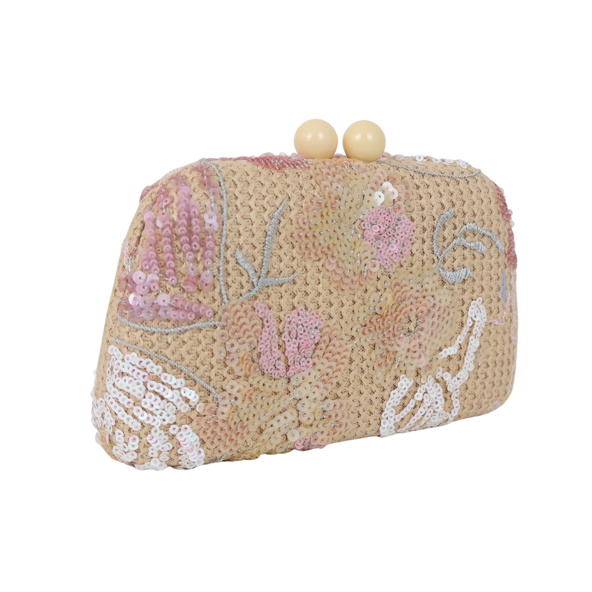 Bolsa Clutch Festa Bordada Flores Bege e Rosa Bebê