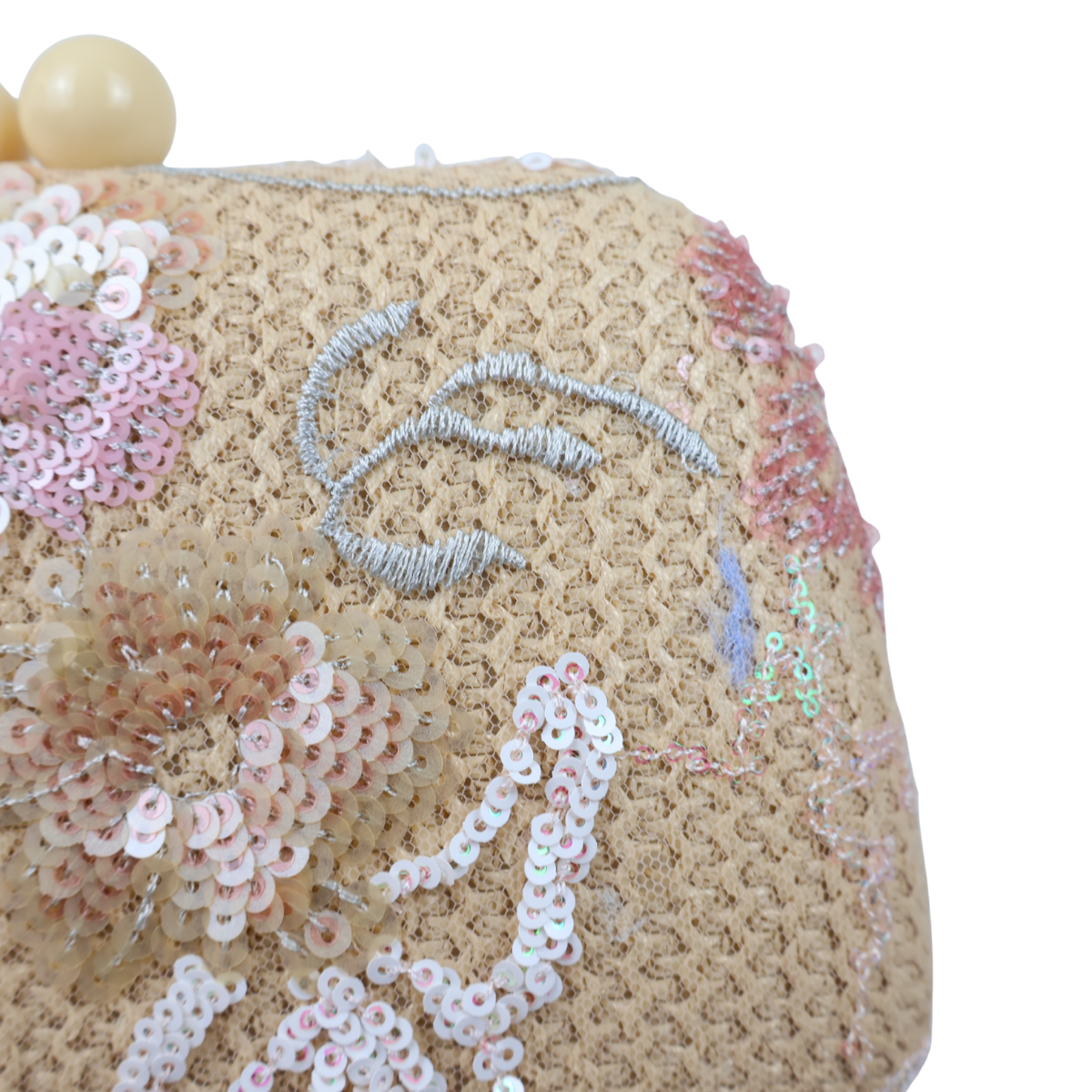 Bolsa Clutch Festa Bordada Flores Bege e Rosa Bebê