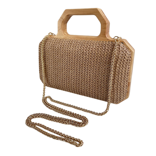 Bolsa de Festa Clutch Madeira e Palha Bege Escuro