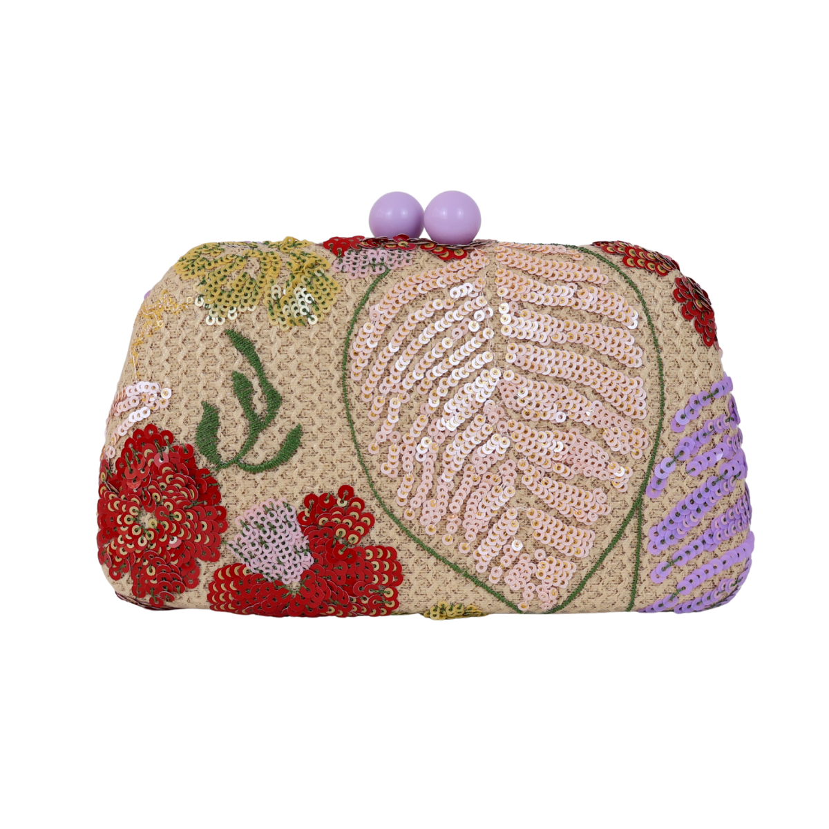 Bolsa Clutch Festa Bordada Flores Bege e Lilás