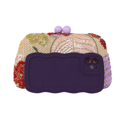 Bolsa Clutch Festa Bordada Flores Bege e Lilás
