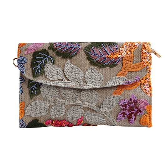 Bolsa Carteira Envelope de Bordada Paetê Floral Laranja