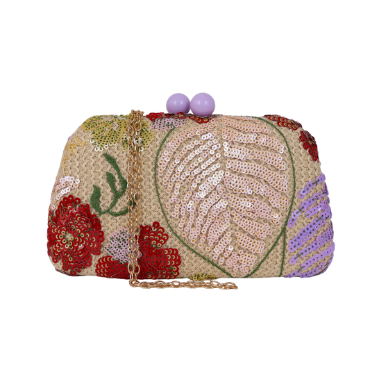 Bolsa Clutch Festa Bordada Flores Bege e Lilás