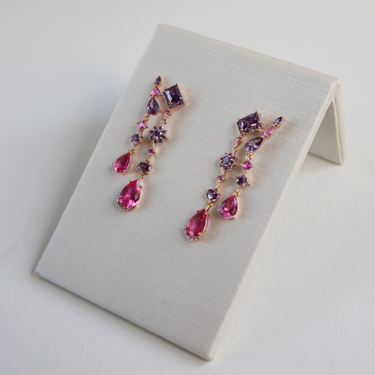 Brinco Dourado e Cristal Rosa e Roxo - Semijoia