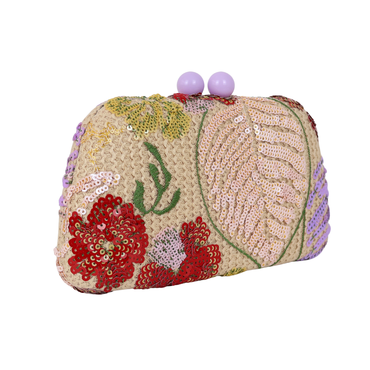 Bolsa Clutch Festa Bordada Flores Bege e Lilás