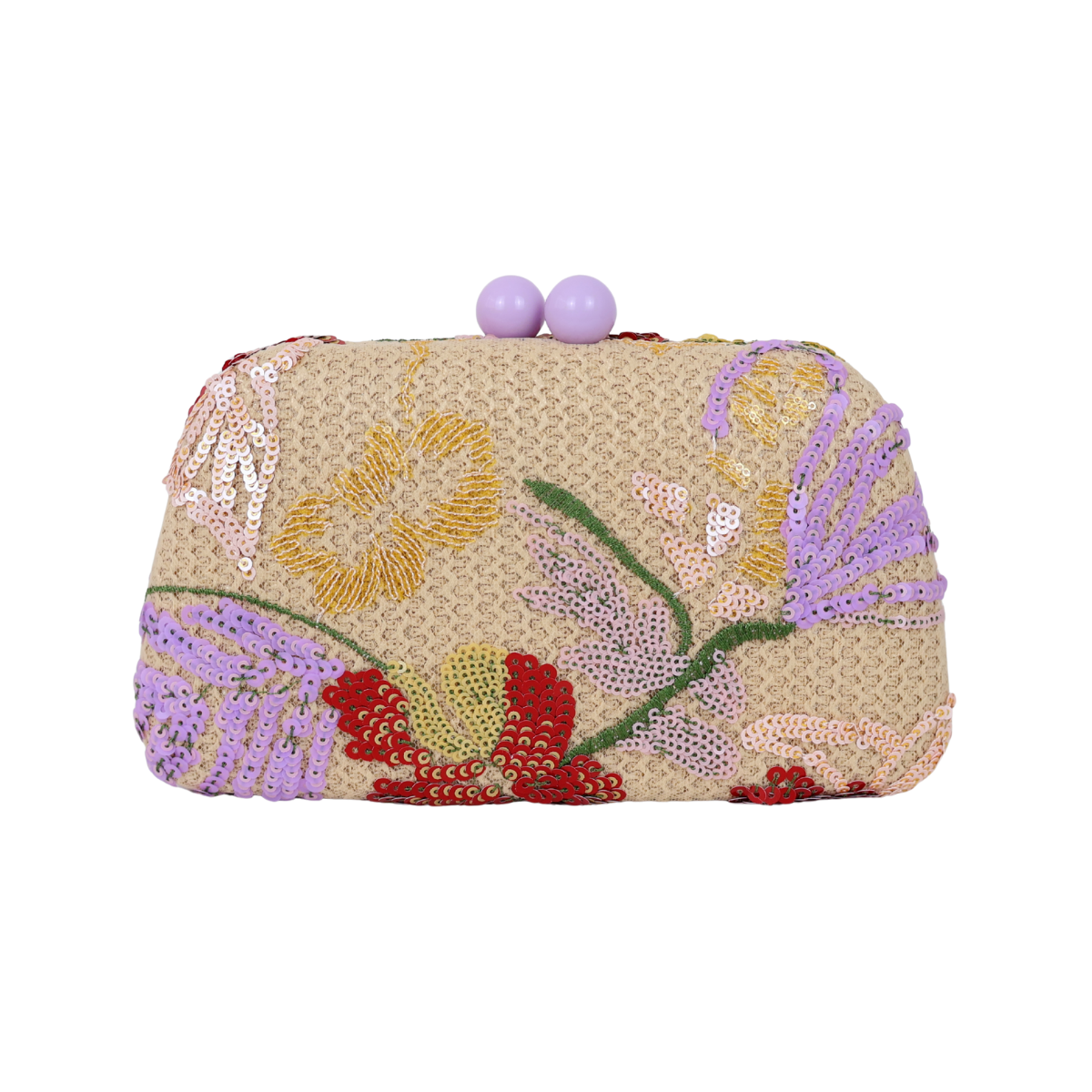 Bolsa Clutch Festa Bordada Flores Bege e Lilás