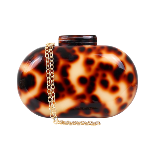 Bolsa Clutch Festa Acrílico Oval Marrom Animal Print