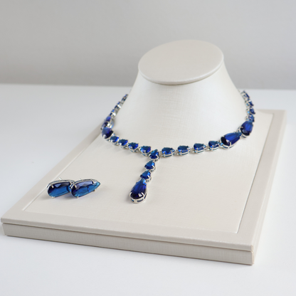 Kit Colar e Brinco - Cristal Azul - Prateado