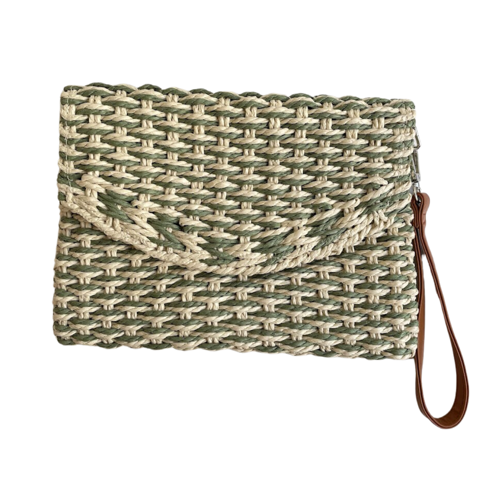 Bolsa Carteira Envelope de Palha Verde