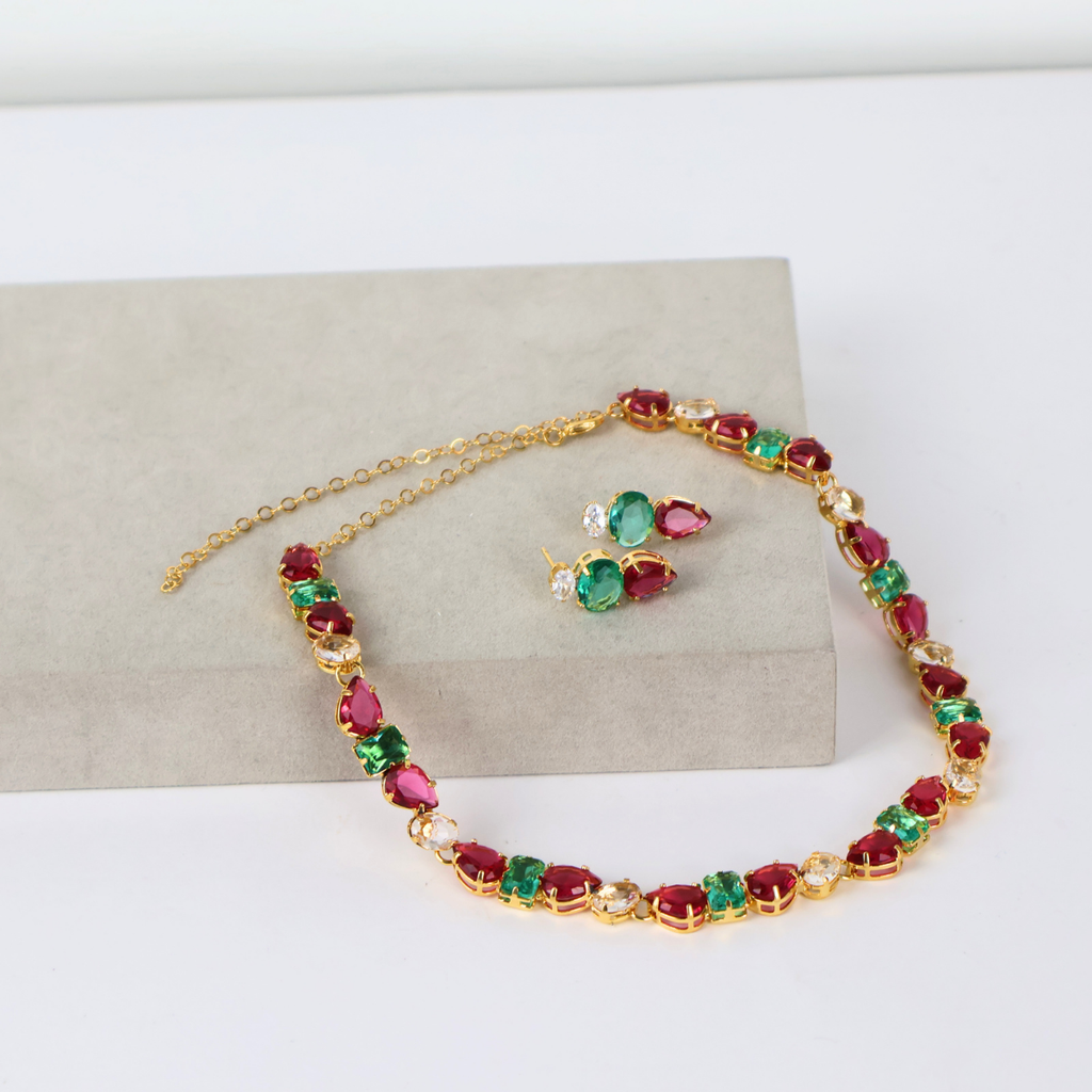 Kit Colar e Brinco - Verde e Marsala - Semijoia