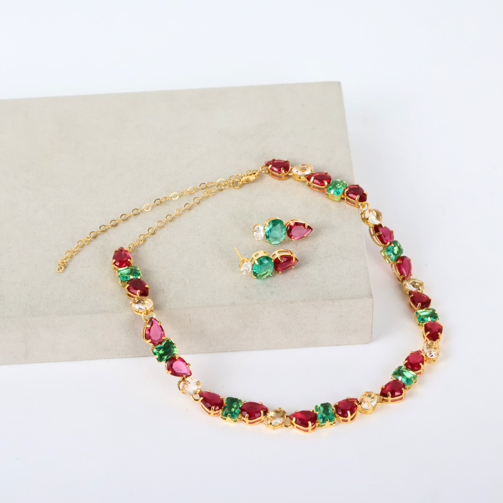 Kit Colar e Brinco - Verde e Marsala - Semijoia