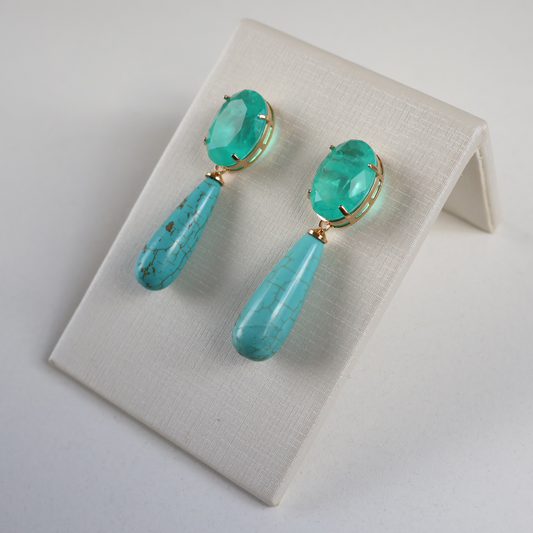 Brinco Dourado e Cristal Turquesa - Semijoia