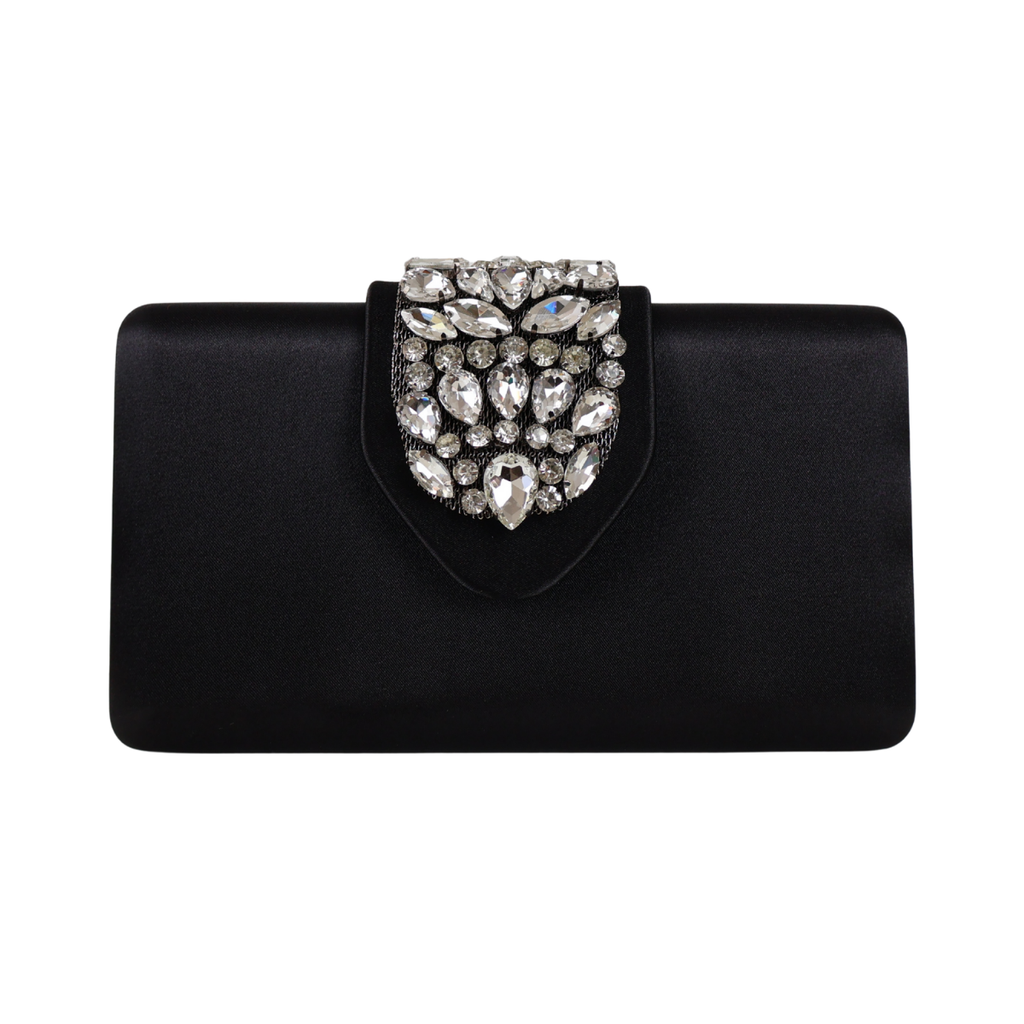 Bolsa Clutch Festa Cetim e Fecho de Pedraria Preta