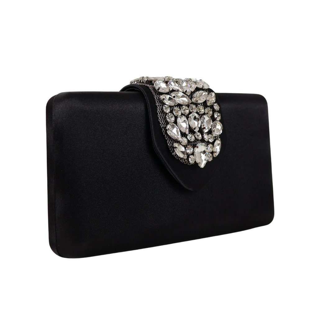 Bolsa Clutch Festa Cetim e Fecho de Pedraria Preta