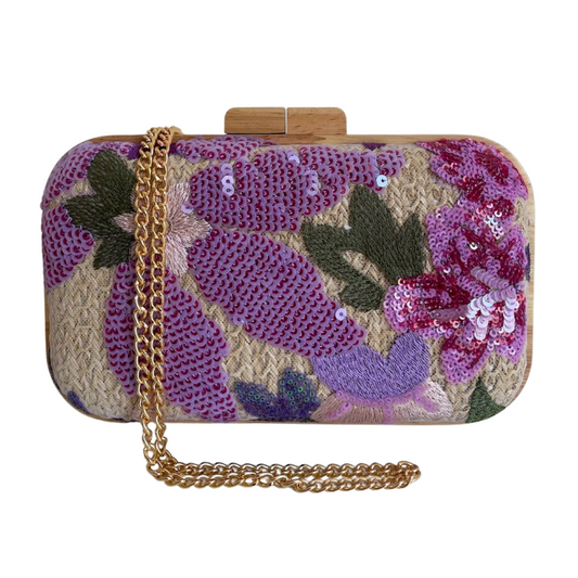 Bolsa Clutch Festa Palha Madeira Bordada Bege Roxa Lilás