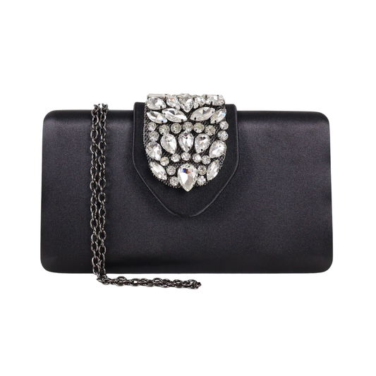 Bolsa Clutch Festa Cetim e Fecho de Pedraria Preta