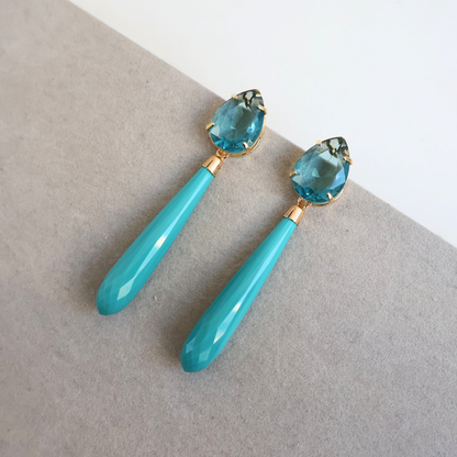 Brinco Dourado e Cristal Turquesa - Semijoia