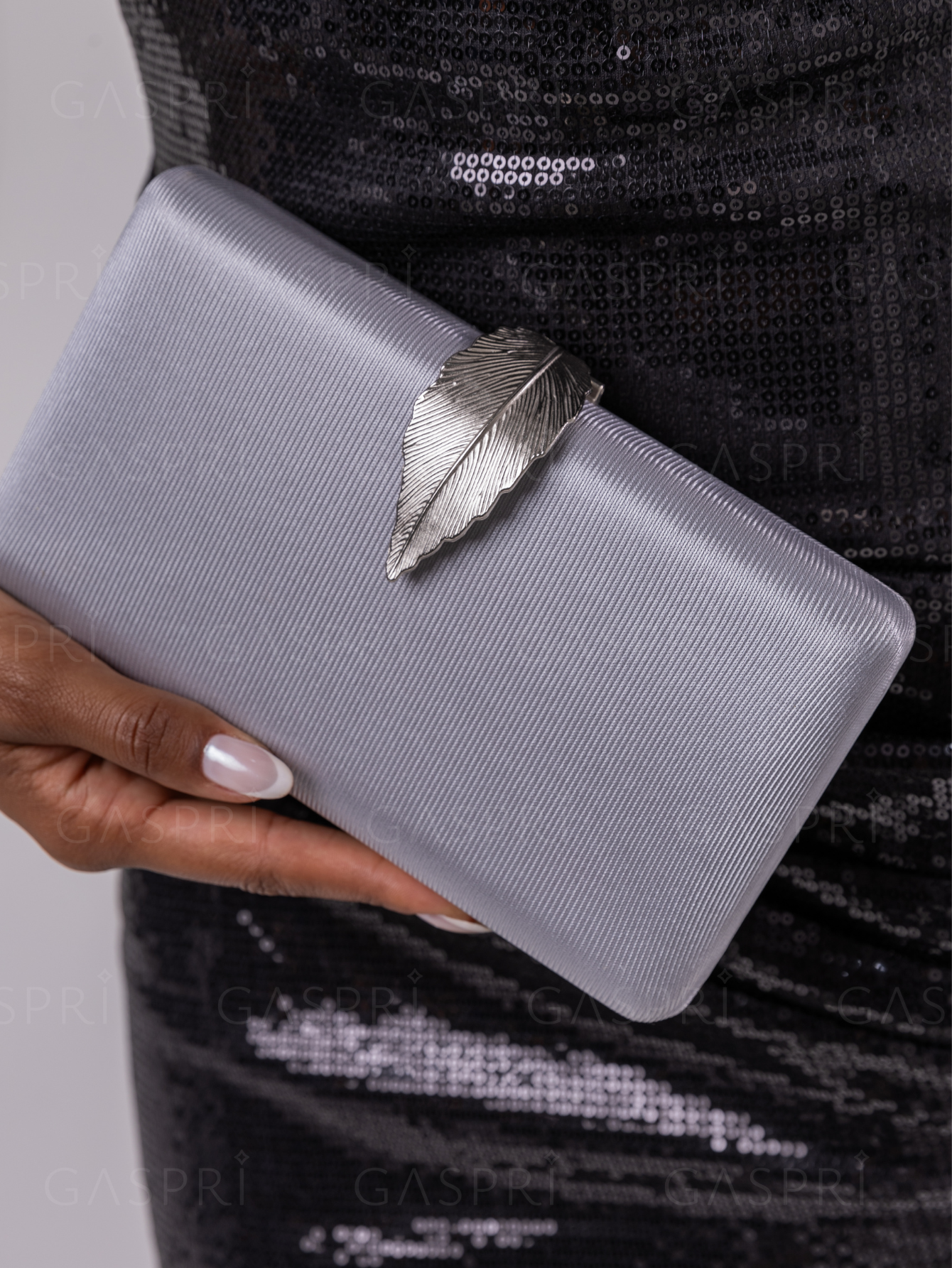 Bolsa Clutch Festa Tecido Fecho de Folha Prata