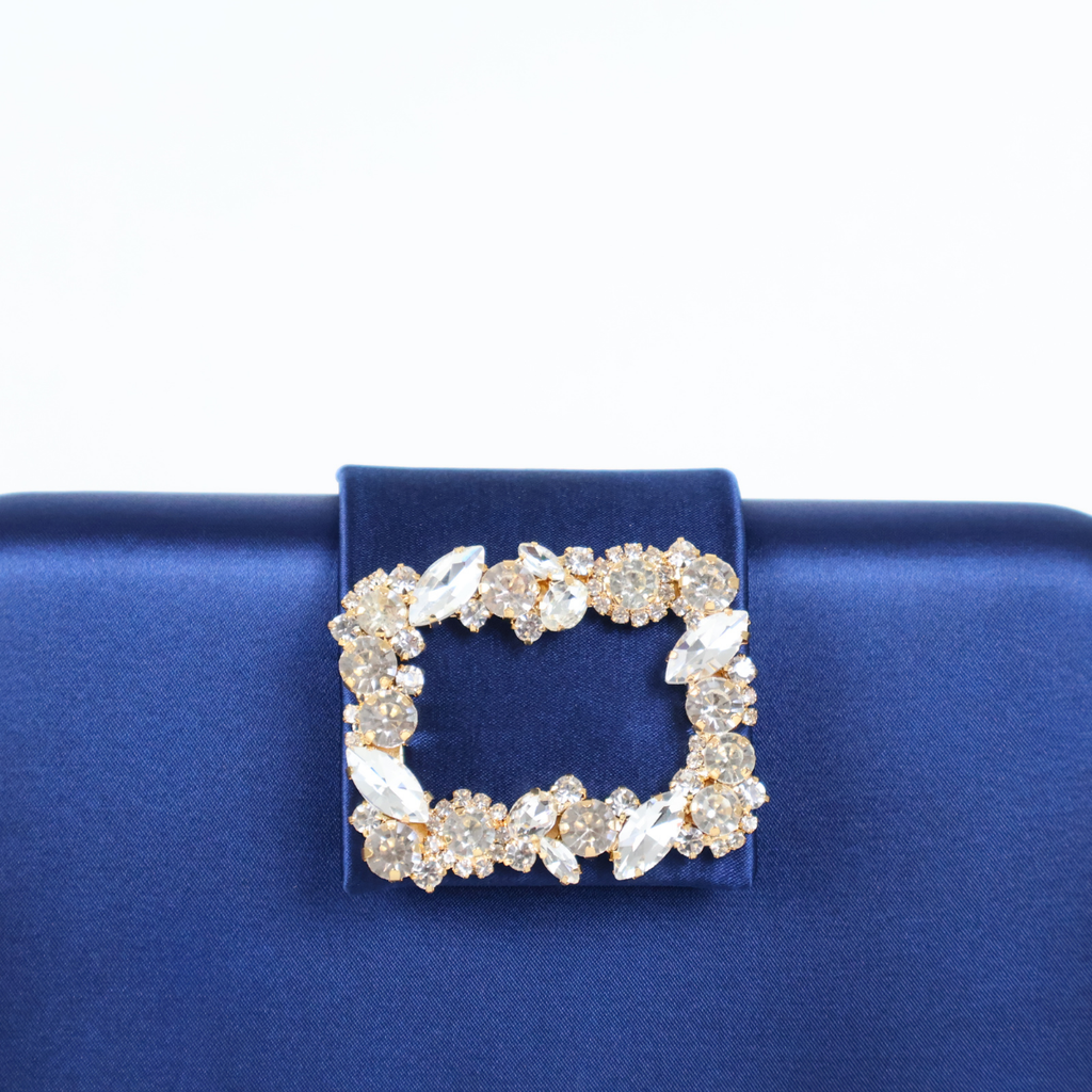 Bolsa Clutch Festa Cetim e Fecho de Pedraria Azul Marinho