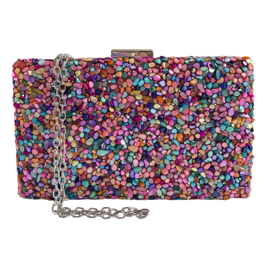 Bolsa de Festa Clutch Pedraria Colorida - Metal Prata