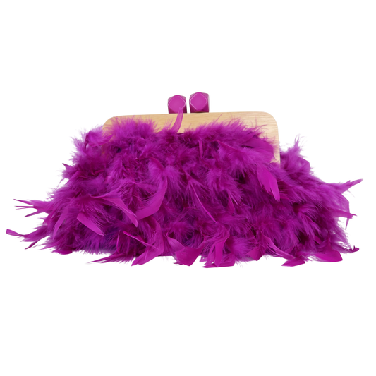 Bolsa de Festa Clutch Madeira e Plumas Sintéticas Roxa
