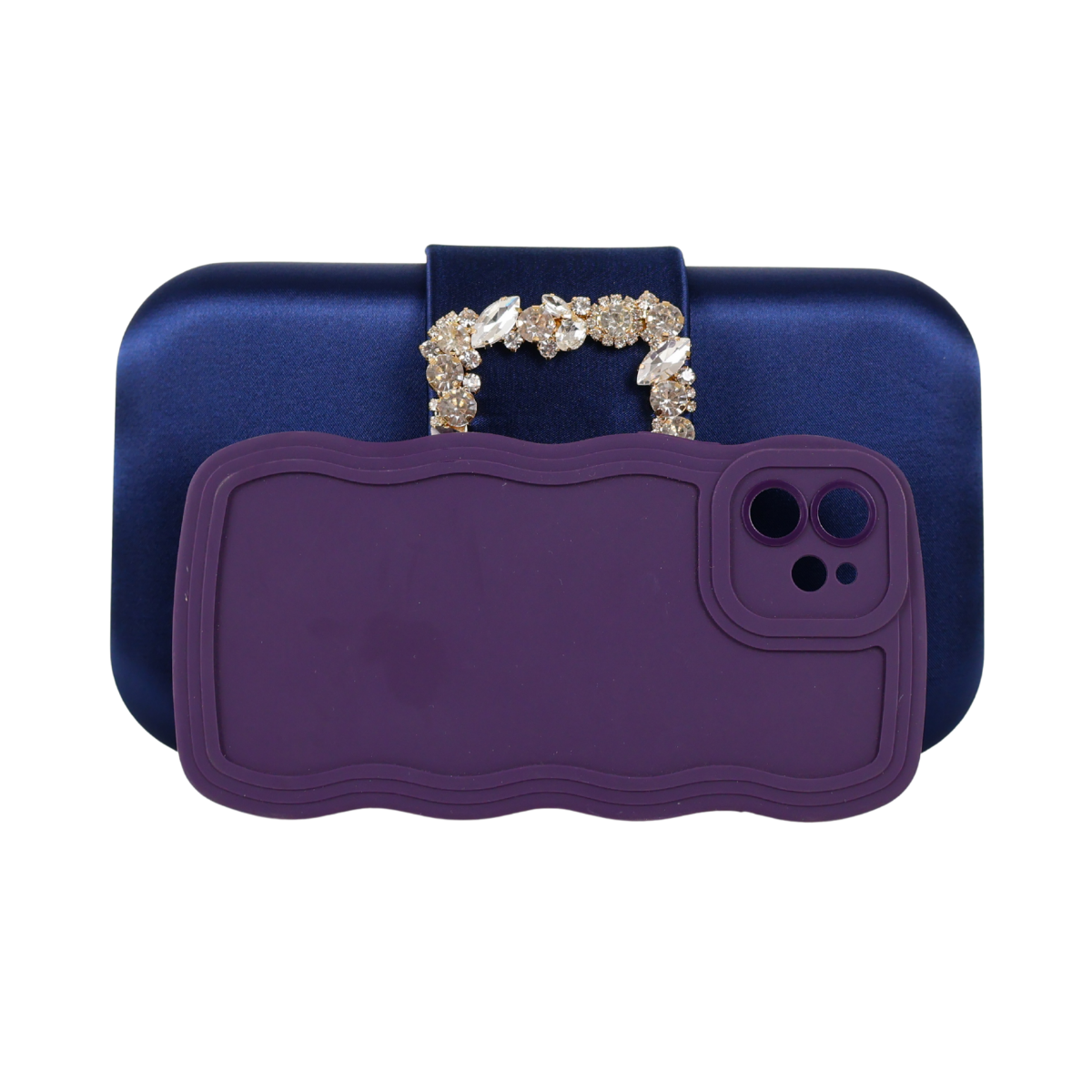 Bolsa Clutch Festa Cetim e Fecho de Pedraria Azul Marinho