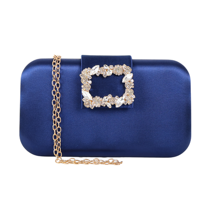 Bolsa Clutch Festa Cetim e Fecho de Pedraria Azul Marinho
